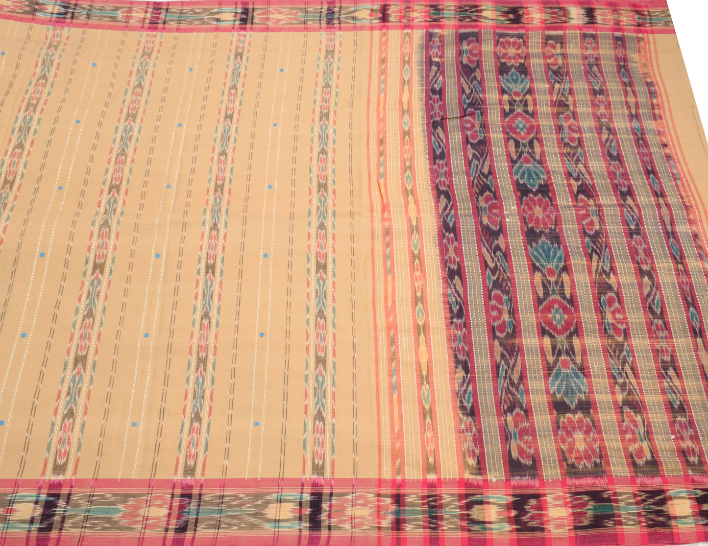 Sushila Vintage Odisha Sambhalpuri Saree Pue Cotton Brown Ikat Sari Fabric