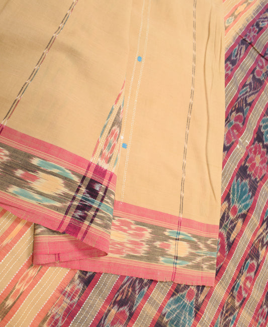 Sushila Vintage Odisha Sambhalpuri Saree Pue Cotton Brown Ikat Sari Fabric
