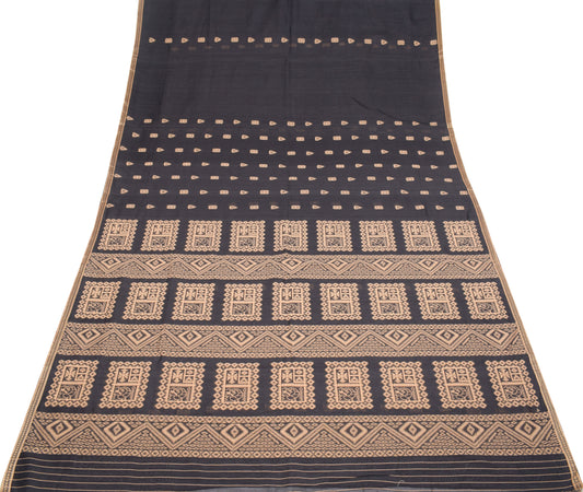Sushila Vintage Black Handloom Saree Pure Cotton Silk Woven Sari Fabric