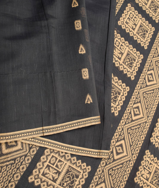 Sushila Vintage Black Handloom Saree Pure Cotton Silk Woven Sari Fabric