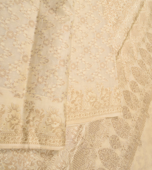 Sushila Vintage Beige Saree All Over Woven Pure Tussar Silk Sari Craft Fabric