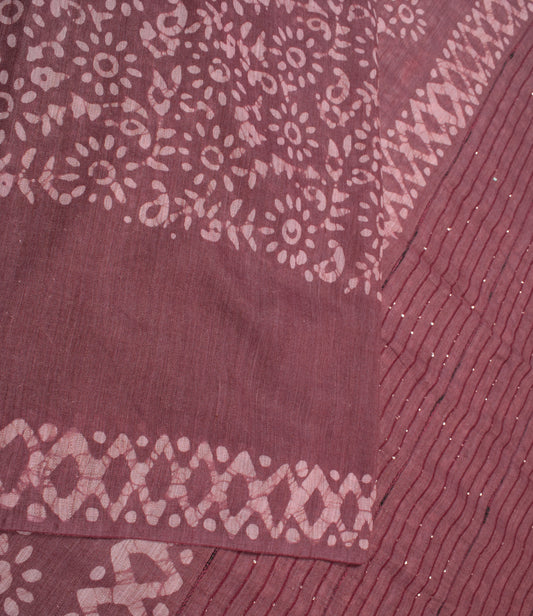 Sushila Vintage Wine Art Cotton Silk Saree Batik Printed & Woven 6YD Sari Fabric