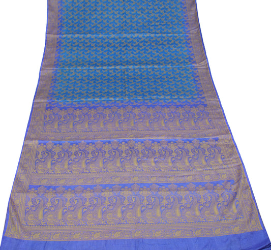 Sushila Vintage Turquoise Blue Saree Floral Woven Pure Tussar Silk Sari Fabric