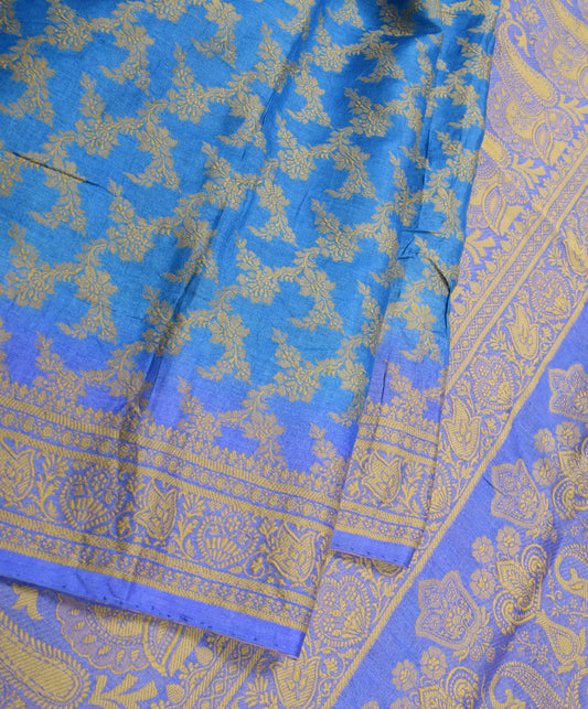 Sushila Vintage Turquoise Blue Saree Floral Woven Pure Tussar Silk Sari Fabric