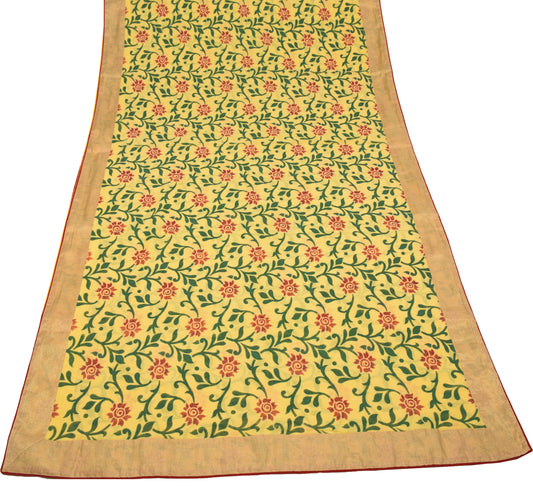 Sushila Vintage Floral Yellow Saree Pure Cotton Silk Printed 6YD Sari Fabric