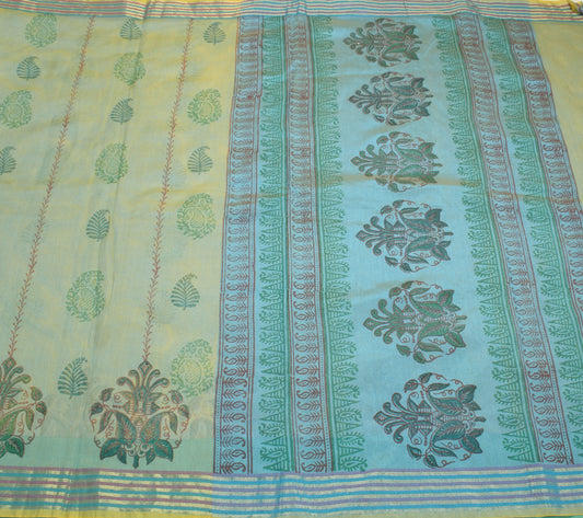 Sushila Vintage Blue Yellow Saree Art Silk Hand Block Sari Craft Fabric