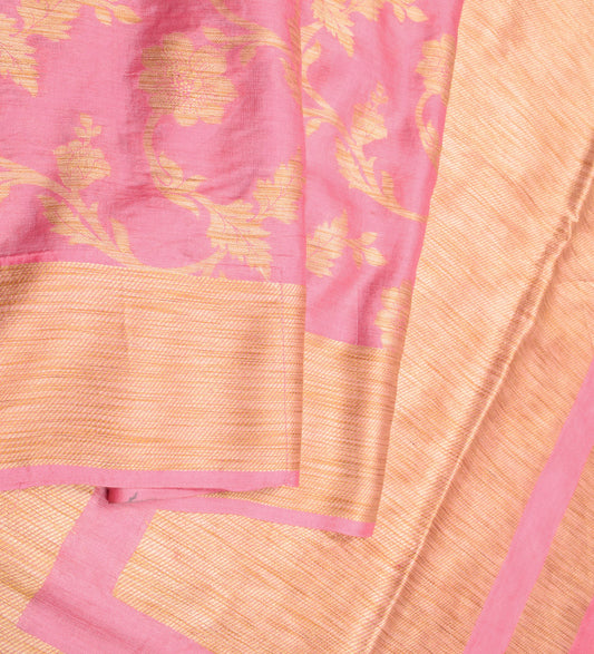 Sushila Vintage Pink Saree Pure Tussar Silk Floral Woven Soft Sari Craft Fabric
