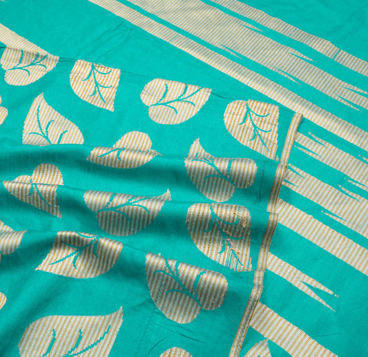 Sushila Vintage Sea Blue Green Saree Pure Tussar Leaf Woven Sari Soft Fabric