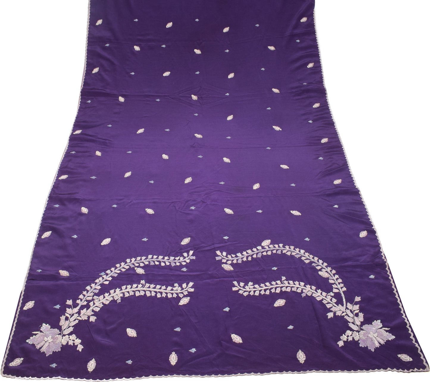 Sushila Vintage Purple Zardozi Work Saree HEAVY Pure Crepe Silk Soft Sari Craft Fabric