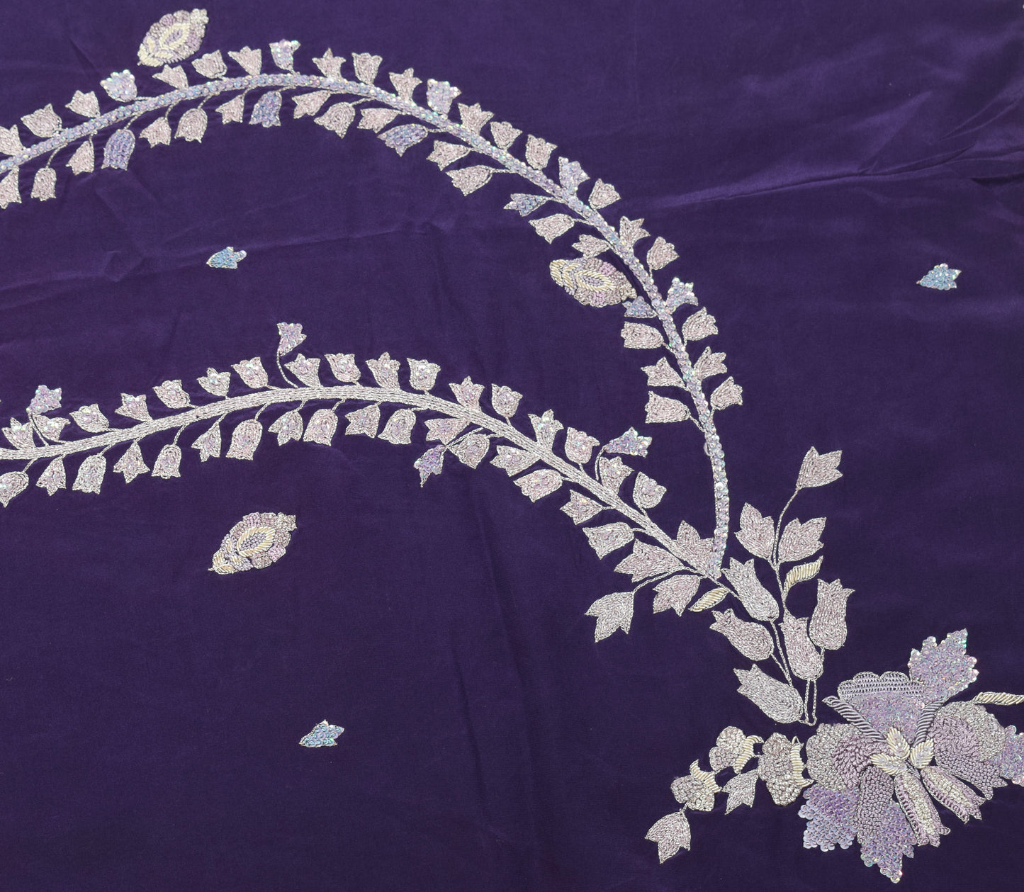 Sushila Vintage Purple Zardozi Work Saree HEAVY Pure Crepe Silk Soft Sari Craft Fabric