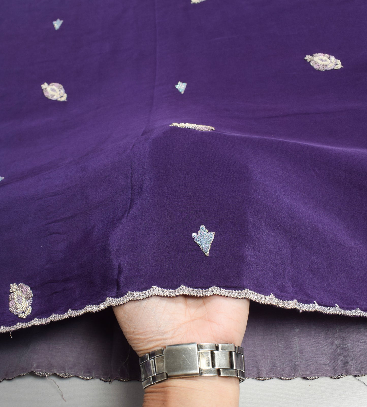 Sushila Vintage Purple Zardozi Work Saree HEAVY Pure Crepe Silk Soft Sari Craft Fabric