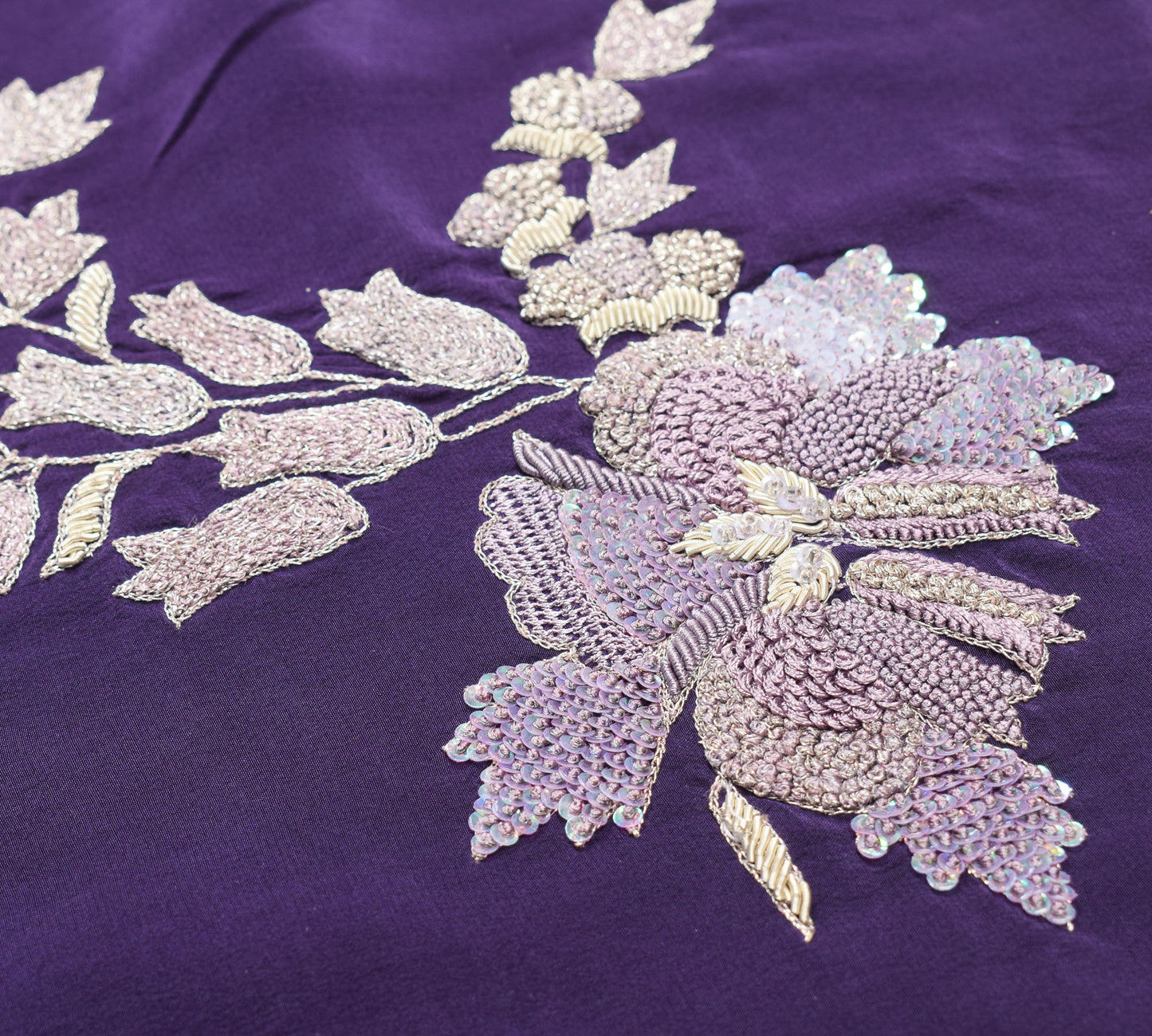 Sushila Vintage Purple Zardozi Work Saree HEAVY Pure Crepe Silk Soft Sari Craft Fabric