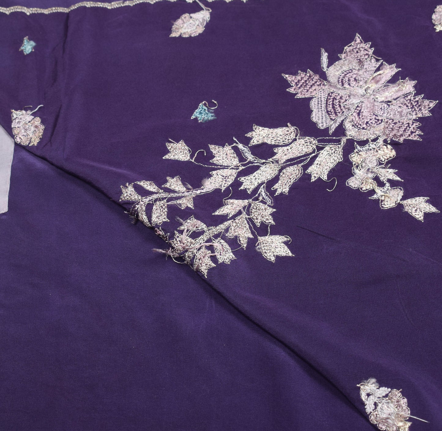 Sushila Vintage Purple Zardozi Work Saree HEAVY Pure Crepe Silk Soft Sari Craft Fabric