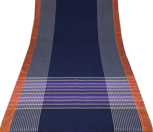 Sushila Vintage Blue Woven Saree Pure Cotton Stripes Soft Sari Craft Fabric