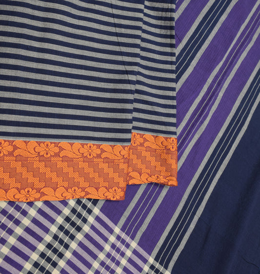 Sushila Vintage Blue Woven Saree Pure Cotton Stripes Soft Sari Craft Fabric