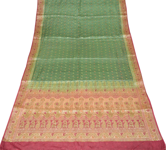 Sushila Vintage Green Floral Saree Pure Tussar Silk Woven Sari Craft Fabric