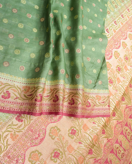 Sushila Vintage Green Floral Saree Pure Tussar Silk Woven Sari Craft Fabric