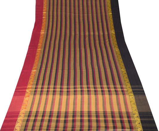 Sushila Vintage Pure Cotton Saree Stripes Woven Multi-Color Soft Sari Craft Fabric