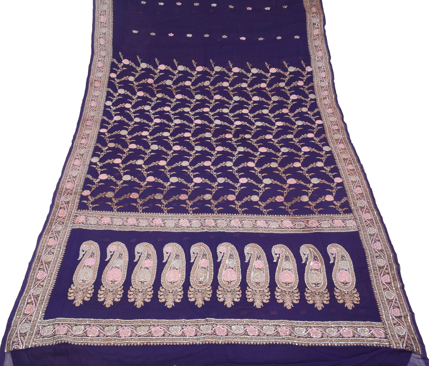 Sushila Vintage Banarasi Brocade Saree Pure Georgette Purple 5YD Sari Fabric