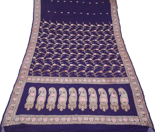 Sushila Vintage Banarasi Brocade Saree Pure Georgette Purple 5YD Sari Fabric