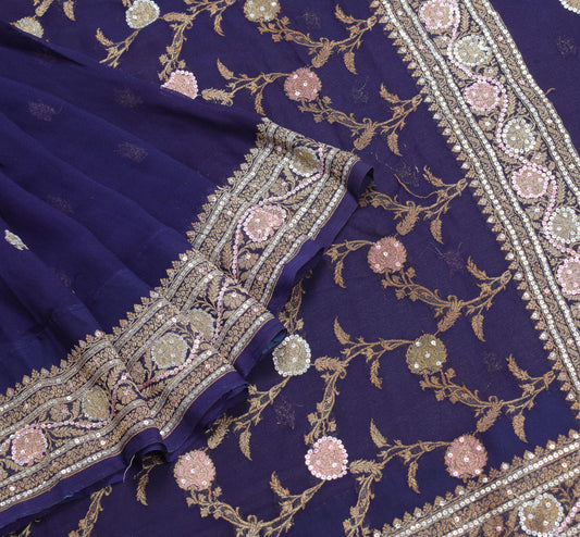 Sushila Vintage Banarasi Brocade Saree Pure Georgette Purple 5YD Sari Fabric