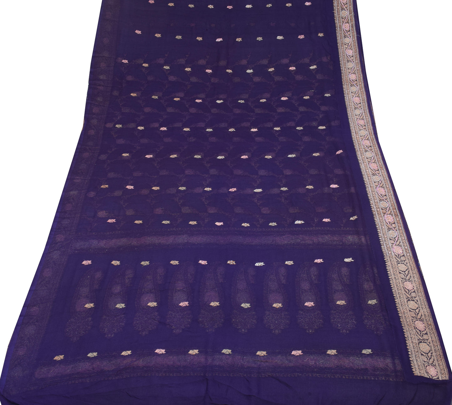 Sushila Vintage Banarasi Brocade Saree Pure Georgette Purple 5YD Sari Fabric