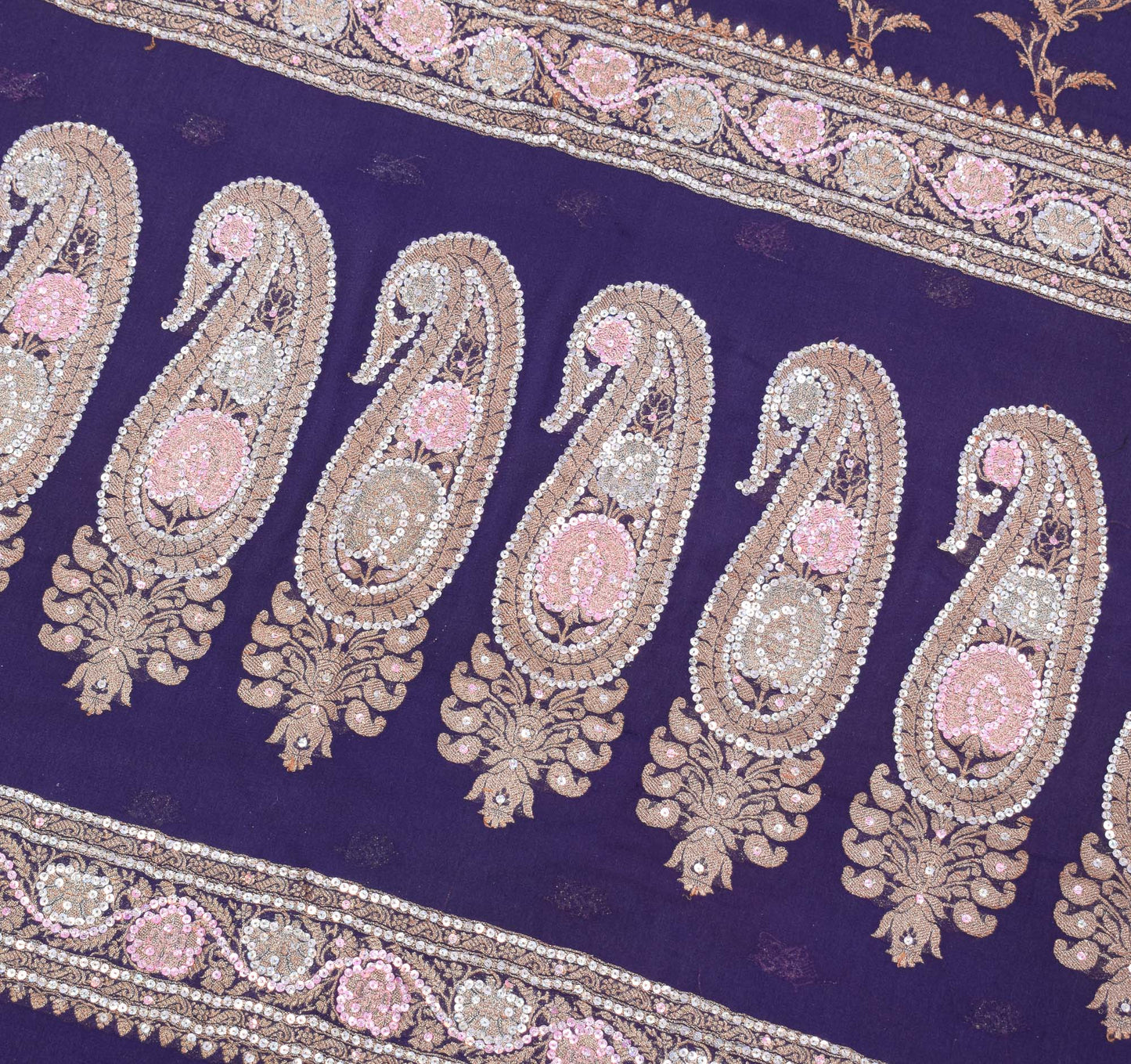 Sushila Vintage Banarasi Brocade Saree Pure Georgette Purple 5YD Sari Fabric