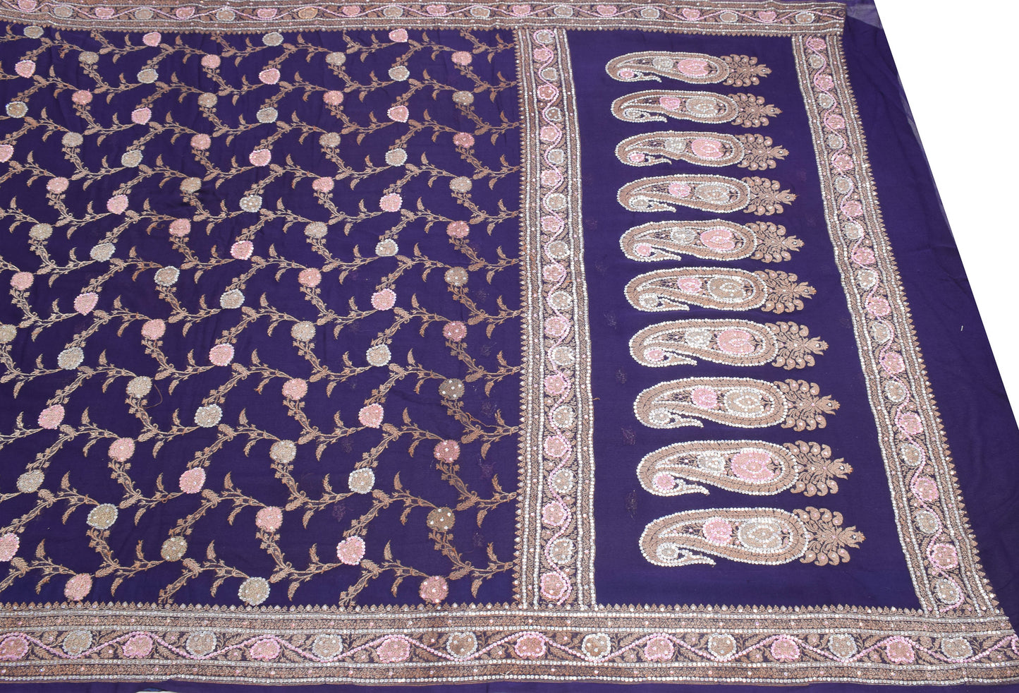 Sushila Vintage Banarasi Brocade Saree Pure Georgette Purple 5YD Sari Fabric