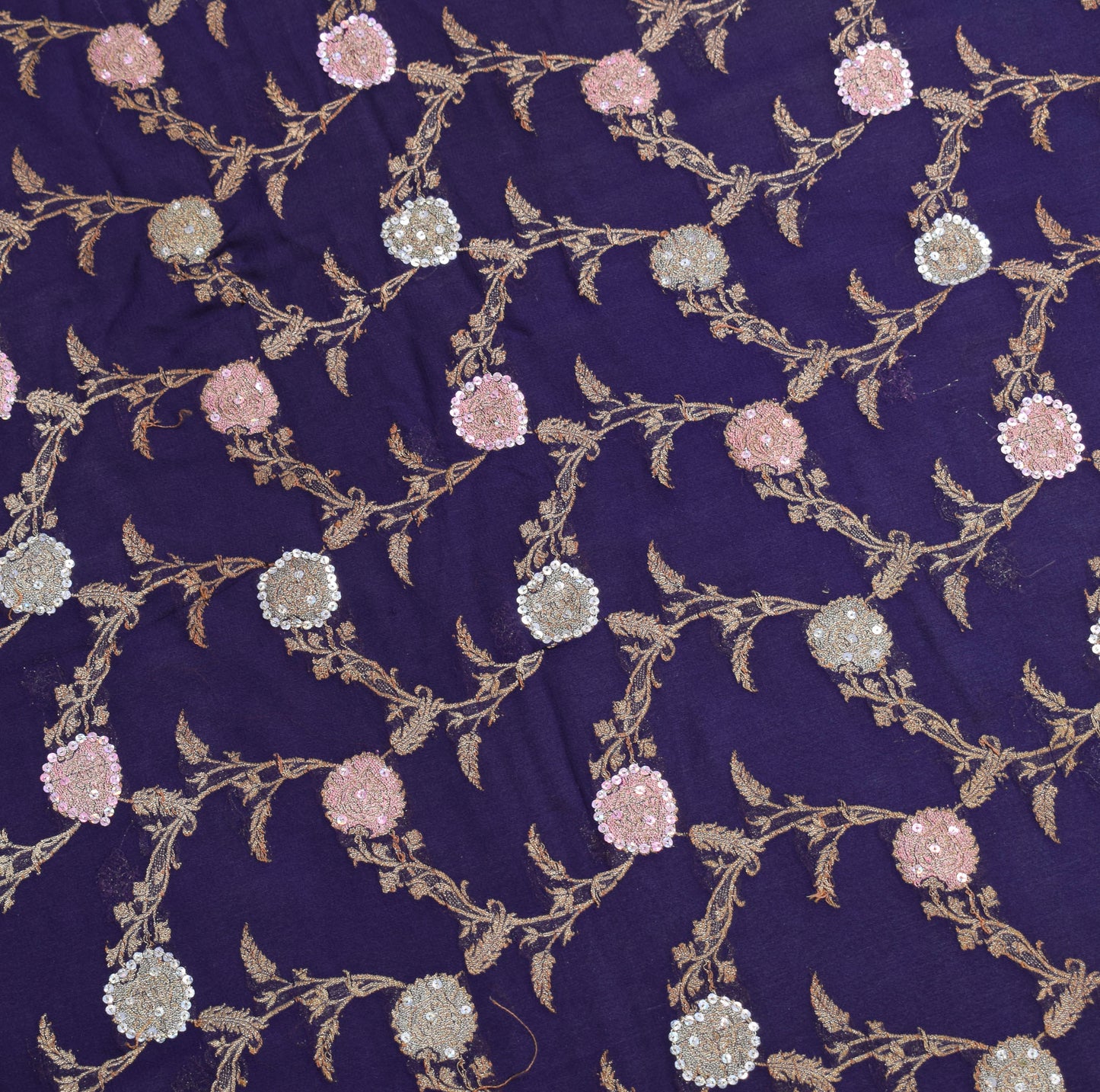 Sushila Vintage Banarasi Brocade Saree Pure Georgette Purple 5YD Sari Fabric