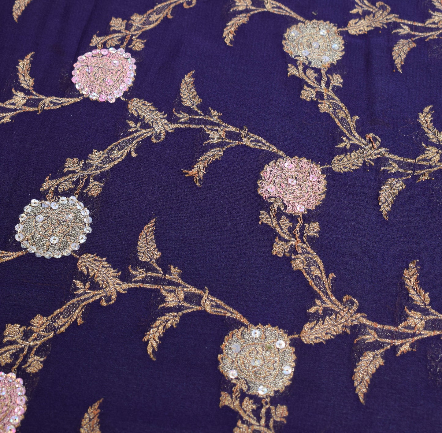 Sushila Vintage Banarasi Brocade Saree Pure Georgette Purple 5YD Sari Fabric