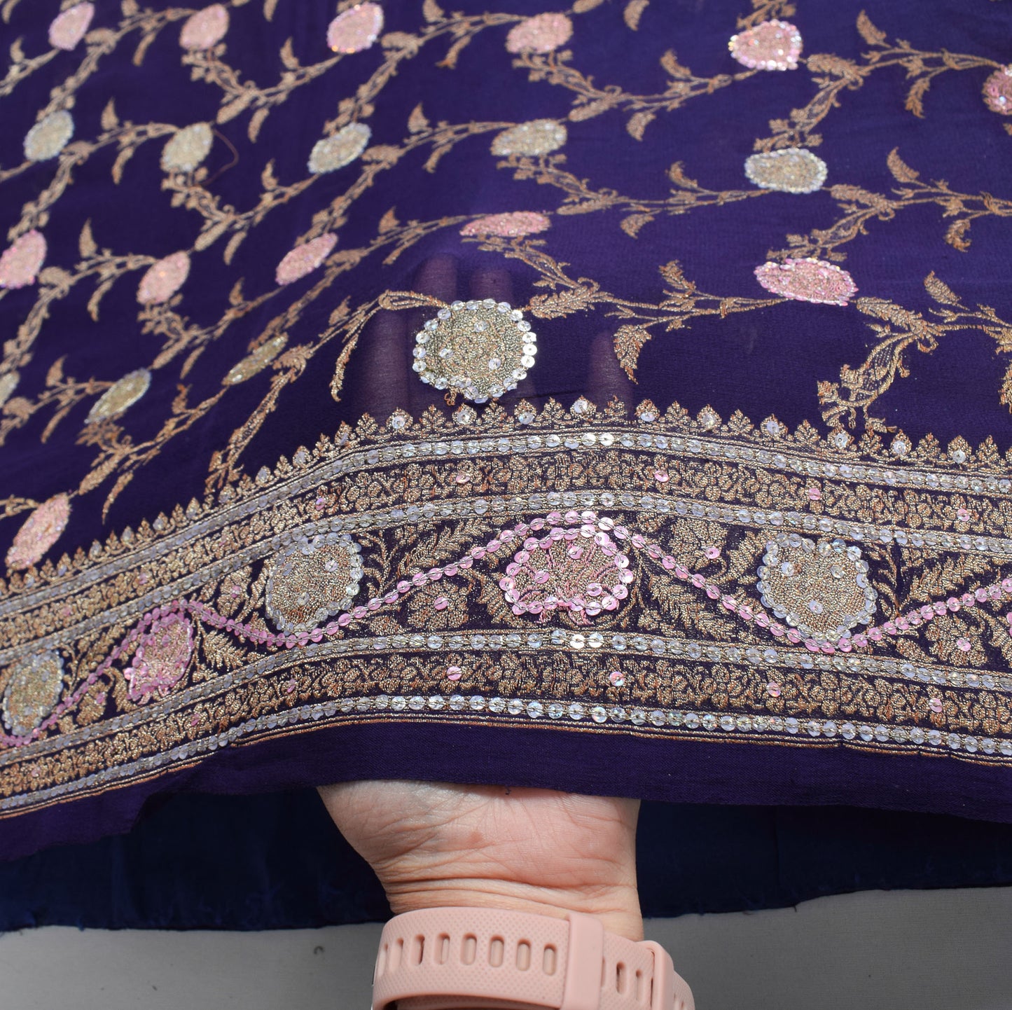Sushila Vintage Banarasi Brocade Saree Pure Georgette Purple 5YD Sari Fabric