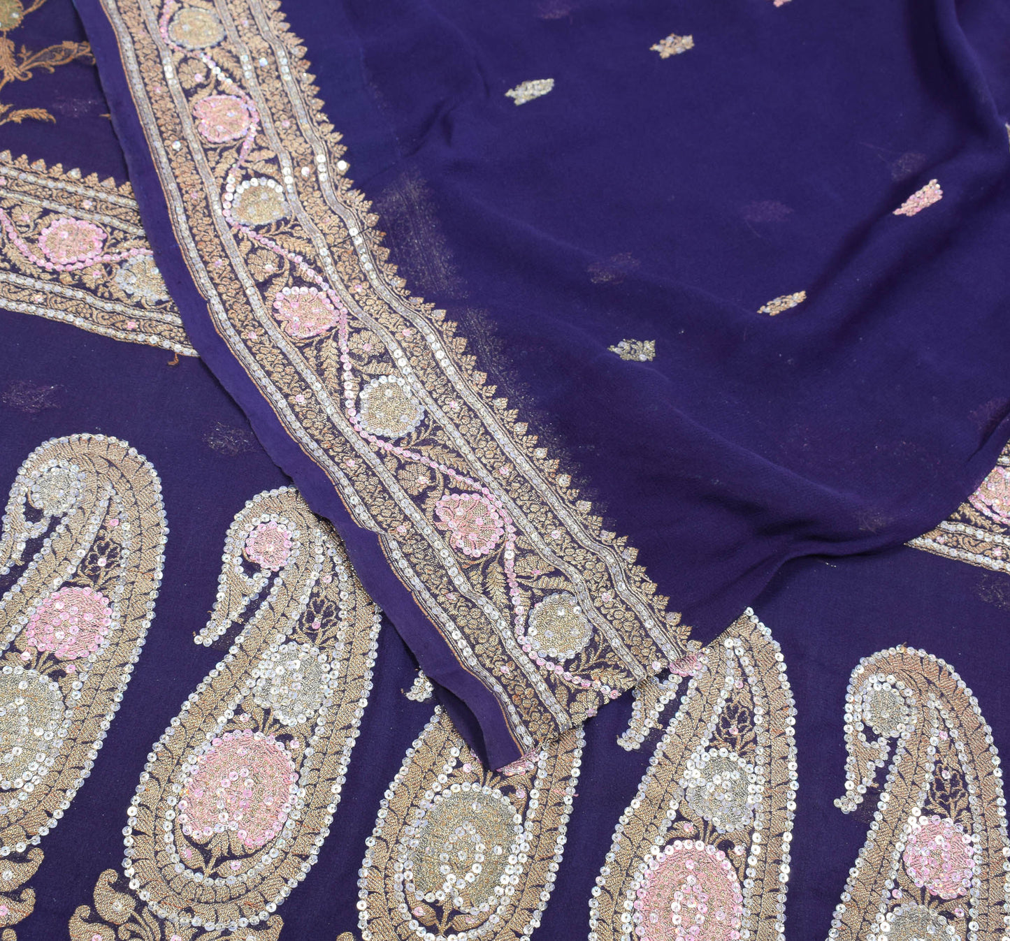 Sushila Vintage Banarasi Brocade Saree Pure Georgette Purple 5YD Sari Fabric