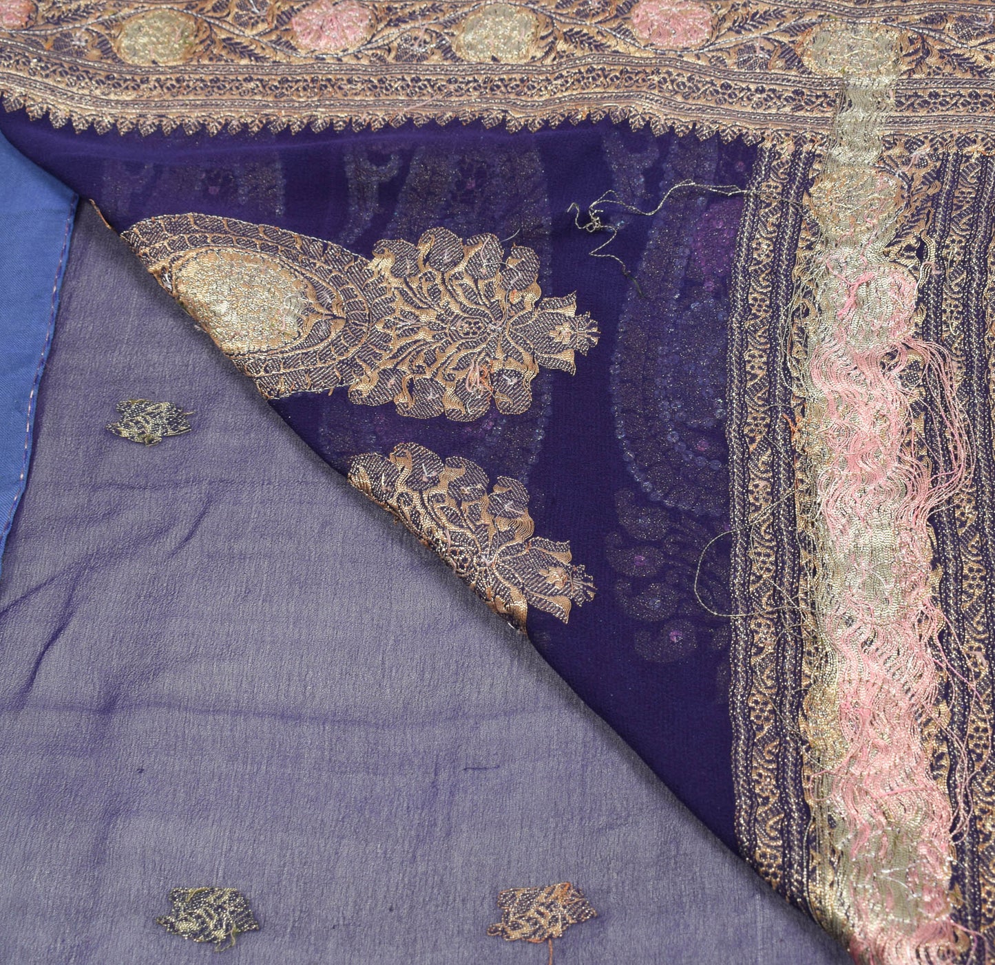 Sushila Vintage Banarasi Brocade Saree Pure Georgette Purple 5YD Sari Fabric