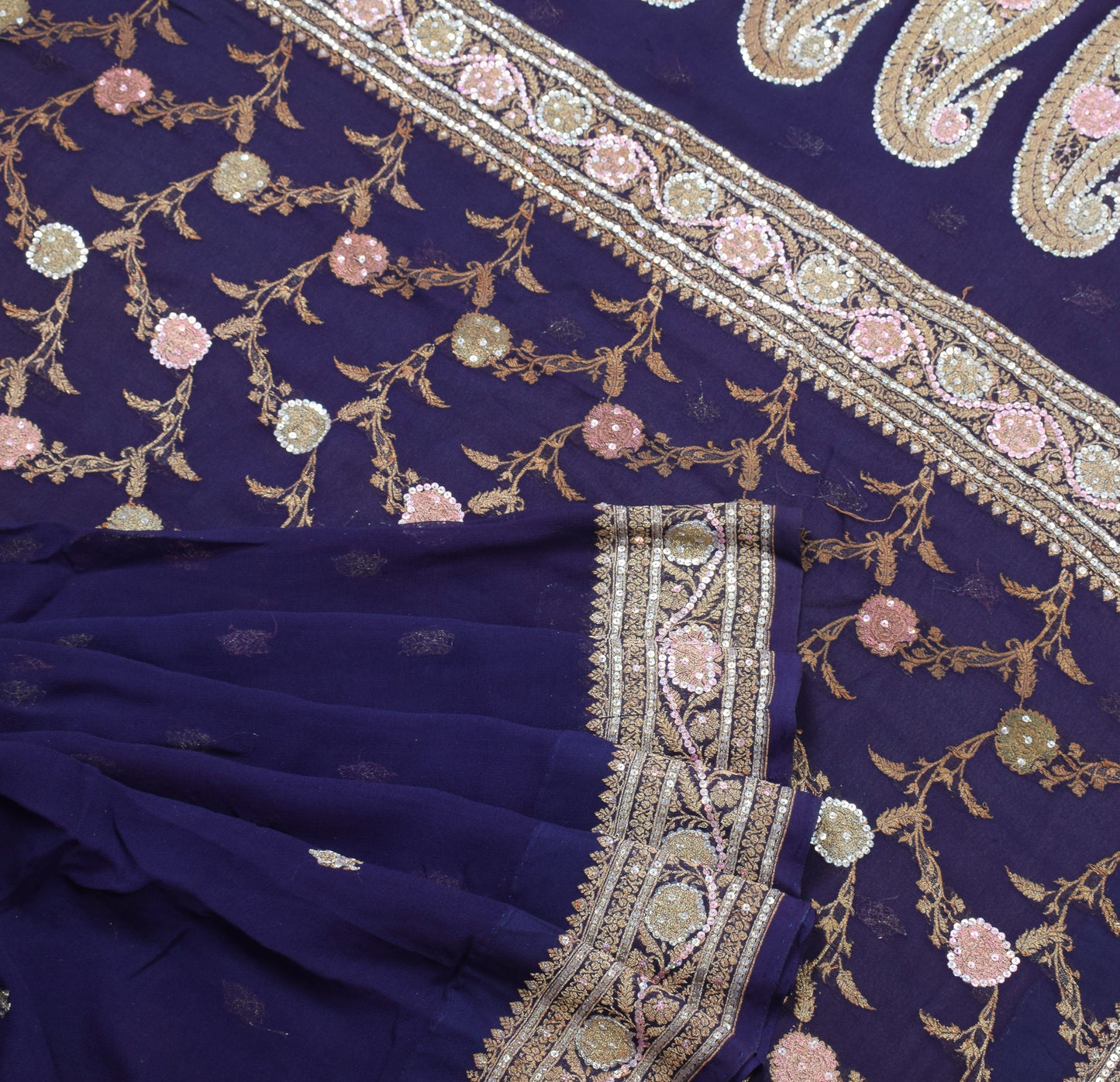 Sushila Vintage Banarasi Brocade Saree Pure Georgette Purple 5YD Sari Fabric