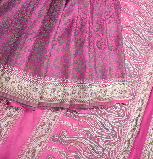 Sushila Vintage Banarasi Brocade Magenta Saree Pure Satin Silk HEAVY Sari Fabric