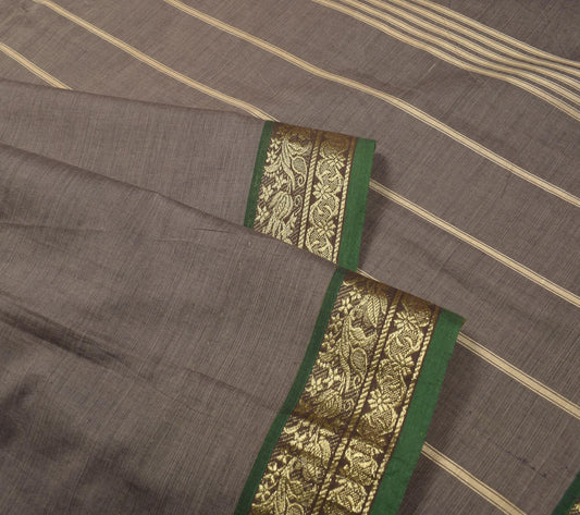 Sushila Vintage Taupe Chettinad Saree Pure Cotton Woven Brocade Sari Fabric