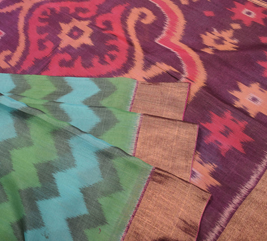 Sushila Vintage Pochampally Ikat Saree Pure Cotton Silk Hand Woven Multi-Color Sari