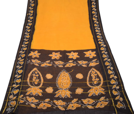 Sushila Vintage Batik Print Saree Pure Cotton Yellow 5YD Sari Craft Fabric