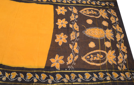 Sushila Vintage Batik Print Saree Pure Cotton Yellow 5YD Sari Craft Fabric
