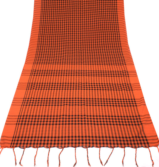 Sushila Vintage Black Orange Saree Art Cotton Handloom Checks 6YD Sari Fabric