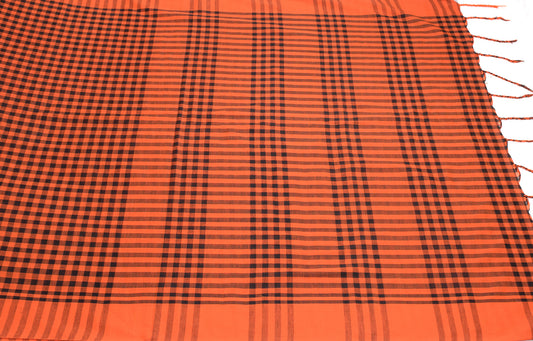 Sushila Vintage Black Orange Saree Art Cotton Handloom Checks 6YD Sari Fabric