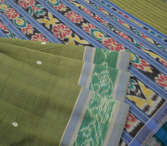 Sushila Vintage Sambalpuri Ikat Saree Pure Cotton Green Woven Sari Fabric
