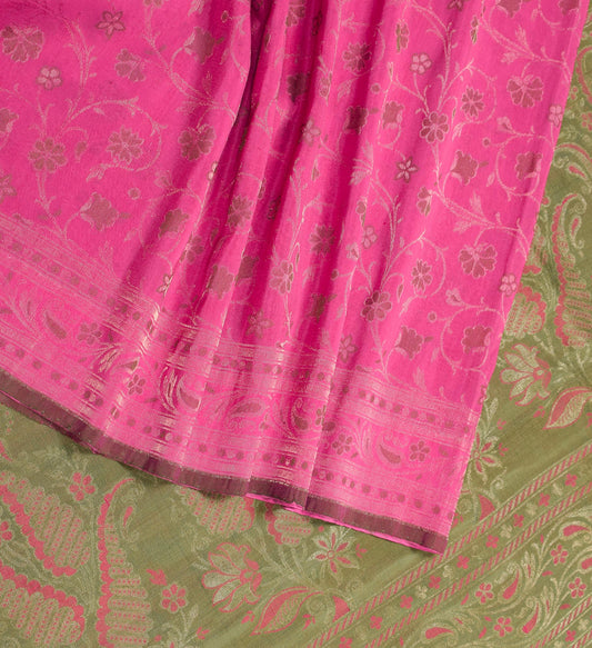 Sushila Vintage Pure Banarasi Silk Saree Floral Zari Brocade Magenta Sari Fabric