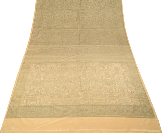 Sushila Vintage Beige Banarasi Pure Silk Saree Hand Woven HEAVY Sari Fabric