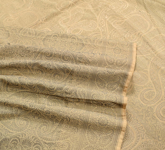Sushila Vintage Beige Banarasi Pure Silk Saree Hand Woven HEAVY Sari Fabric