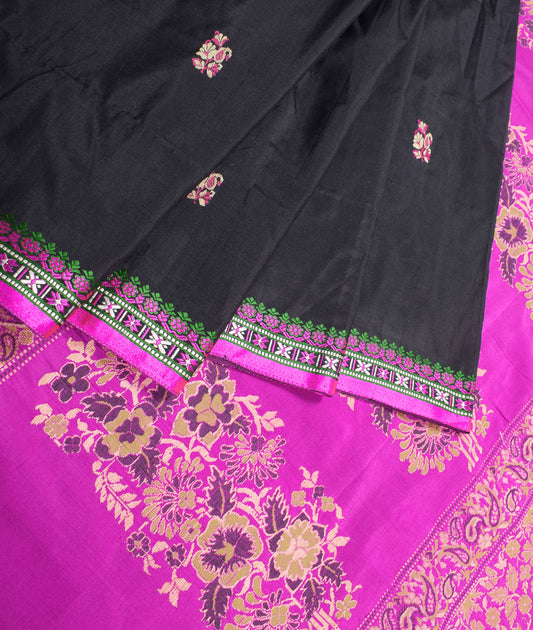 Sushila Vintage Pure Banarasi Silk Saree Black Fuchsia Handloom Floral Sari Soft  Fabric