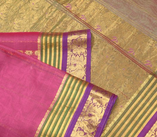 Sushila Vintage Pink Kanchipuram Saree Pure Silk Zari Brocade Sari Fabric