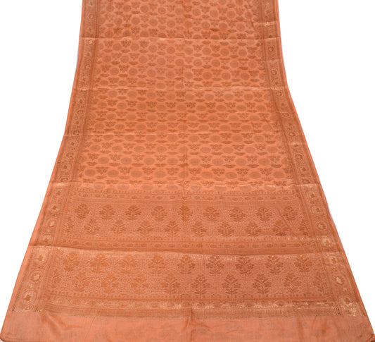 Sushila Vintage Peach Saree Pure Tussar Silk Floral Woven Sari Fabric