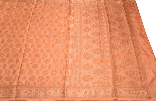 Sushila Vintage Peach Saree Pure Tussar Silk Floral Woven Sari Fabric