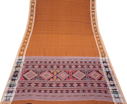 Sushila Vintage Pure Cotton Saree Hand Woven Ikat Orange Sambalpuri Sari Fabric